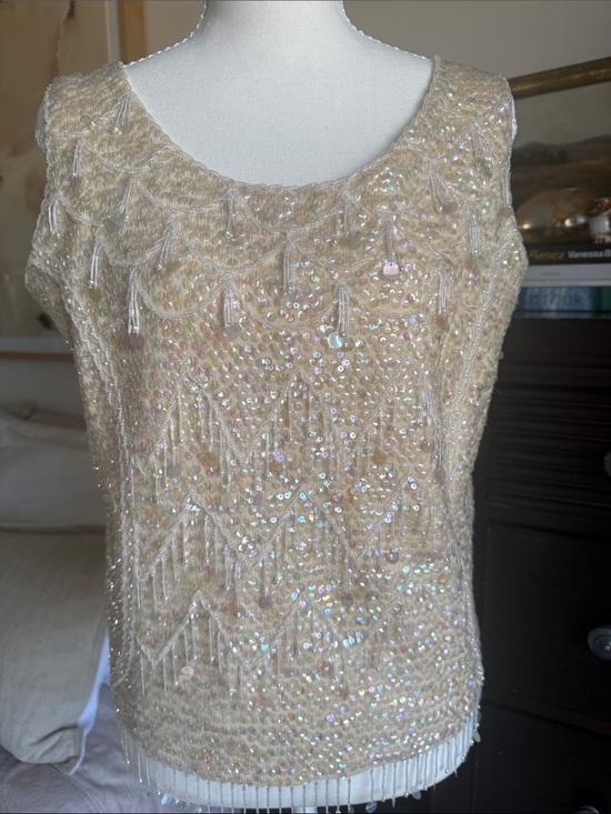 Prestige Originals Tops - Vintage Handmade Haute Couture Beaded Ivory Sequin Top 100% Wool Size 36